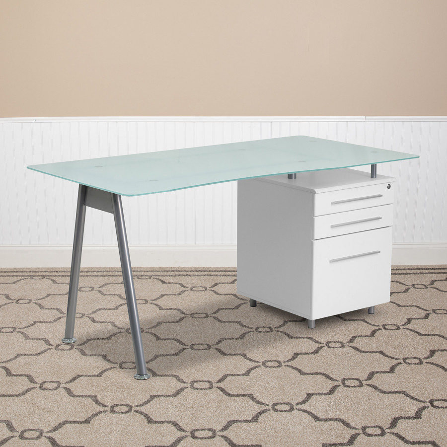 BLNK - Singleton White Computer Desk with Glass Top and Three Drawer Pedestal