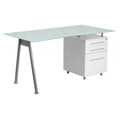 BLNK - Singleton White Computer Desk with Glass Top and Three Drawer Pedestal