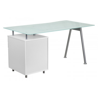 BLNK - Singleton White Computer Desk with Glass Top and Three Drawer Pedestal