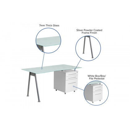 BLNK - Singleton White Computer Desk with Glass Top and Three Drawer Pedestal