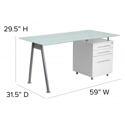 BLNK - Singleton White Computer Desk with Glass Top and Three Drawer Pedestal
