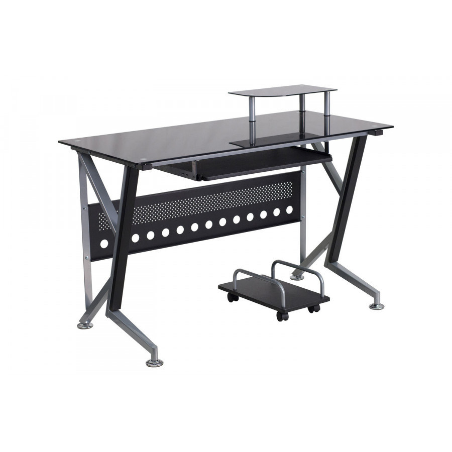 BLNK - Singleton Black Glass Computer Desk with Pull-Out Keyboard Tray and CPU Cart