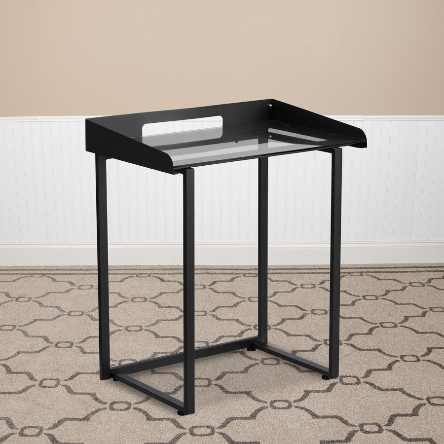 BLNK Jayden Contemporary Clear Tempered Glass Desk with Raised Cable Management Border and Metal Frame - Black