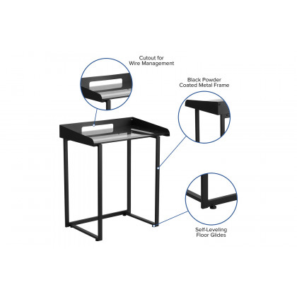 BLNK Jayden Contemporary Clear Tempered Glass Desk with Raised Cable Management Border and Metal Frame - Black