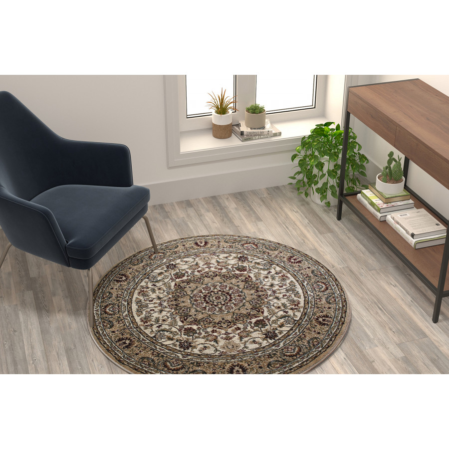 BLNK Mersin Collection Persian Style Round Olefin Area Rug with Jute Backing - Ivory, 4'W x 4'L