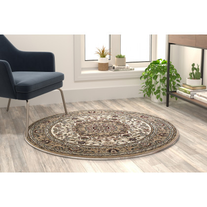 BLNK Mersin Collection Persian Style Round Olefin Area Rug with Jute Backing - Ivory, 4'W x 4'L