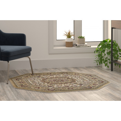 BLNK Mersin Collection Persian Style Octagon Olefin Area Rug with Jute Backing - Ivory, 4'W x 4'L