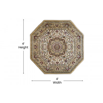 BLNK Mersin Collection Persian Style Octagon Olefin Area Rug with Jute Backing - Ivory, 4'W x 4'L