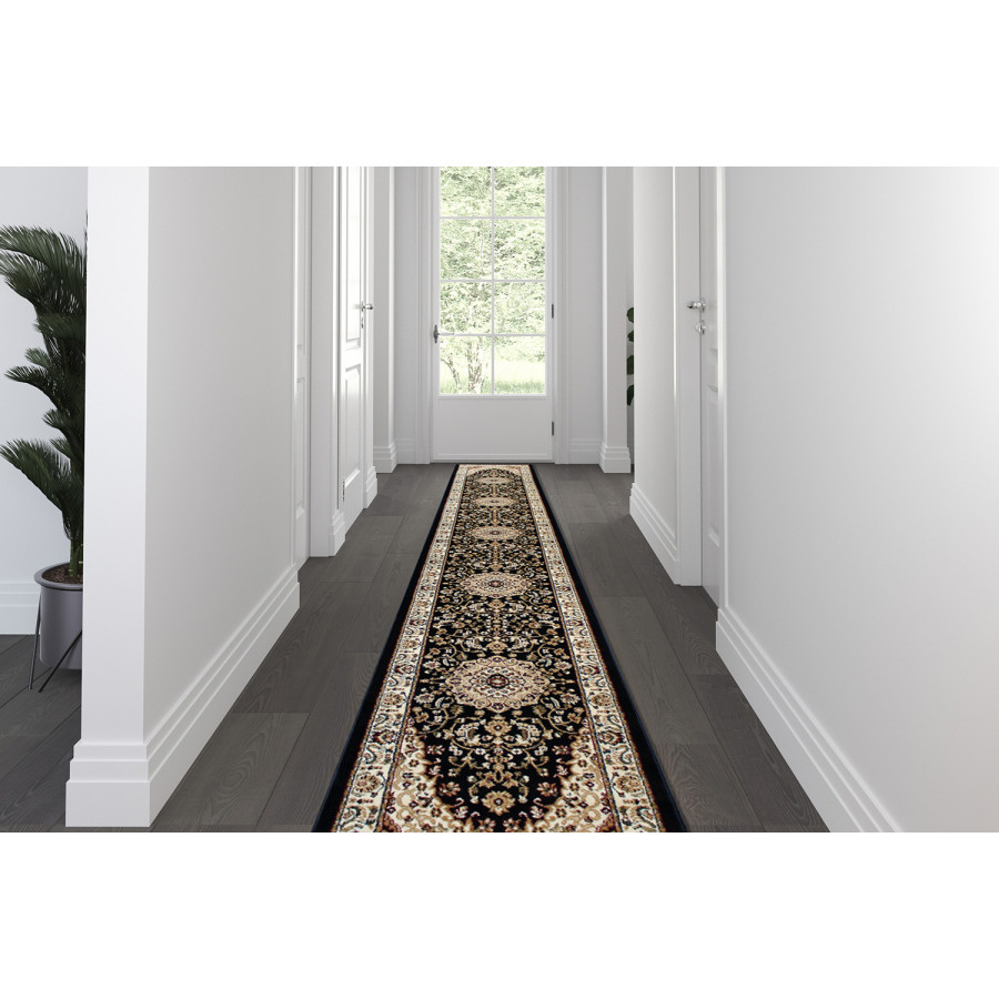 BLNK Mersin Collection Persian Style Olefin Area Rug with Jute Backing - Black, 3'W x 15'L