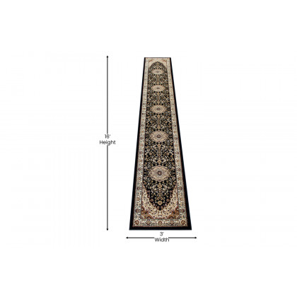BLNK Mersin Collection Persian Style Olefin Area Rug with Jute Backing - Black, 3'W x 15'L