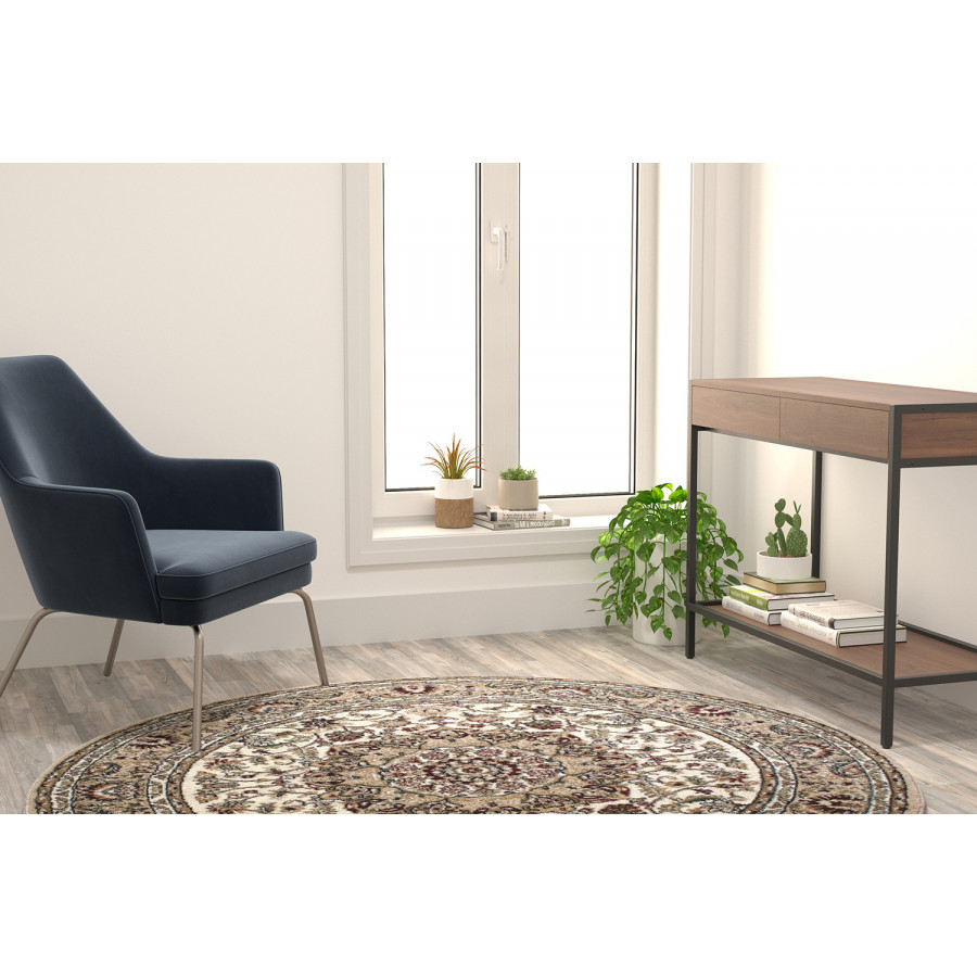 BLNK Mersin Collection Persian Style Round Olefin Area Rug with Jute Backing - Ivory, 5'W x 5'L