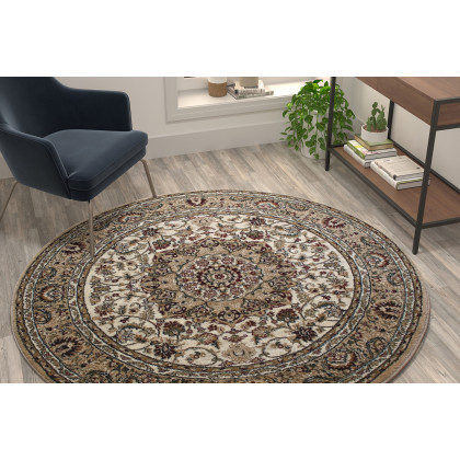 BLNK Mersin Collection Persian Style Round Olefin Area Rug with Jute Backing - Ivory, 5'W x 5'L