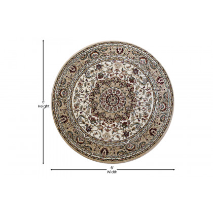 BLNK Mersin Collection Persian Style Round Olefin Area Rug with Jute Backing - Ivory, 5'W x 5'L