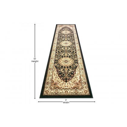 BLNK Mersin Collection Persian Style Olefin Area Rug with Jute Backing - Black, 3'W x 10'L
