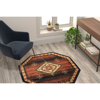 BLNK Mirage Collection Southwestern Style Round Olefin Area Rug with Jute Backing - Brown, 4'W x 4'L