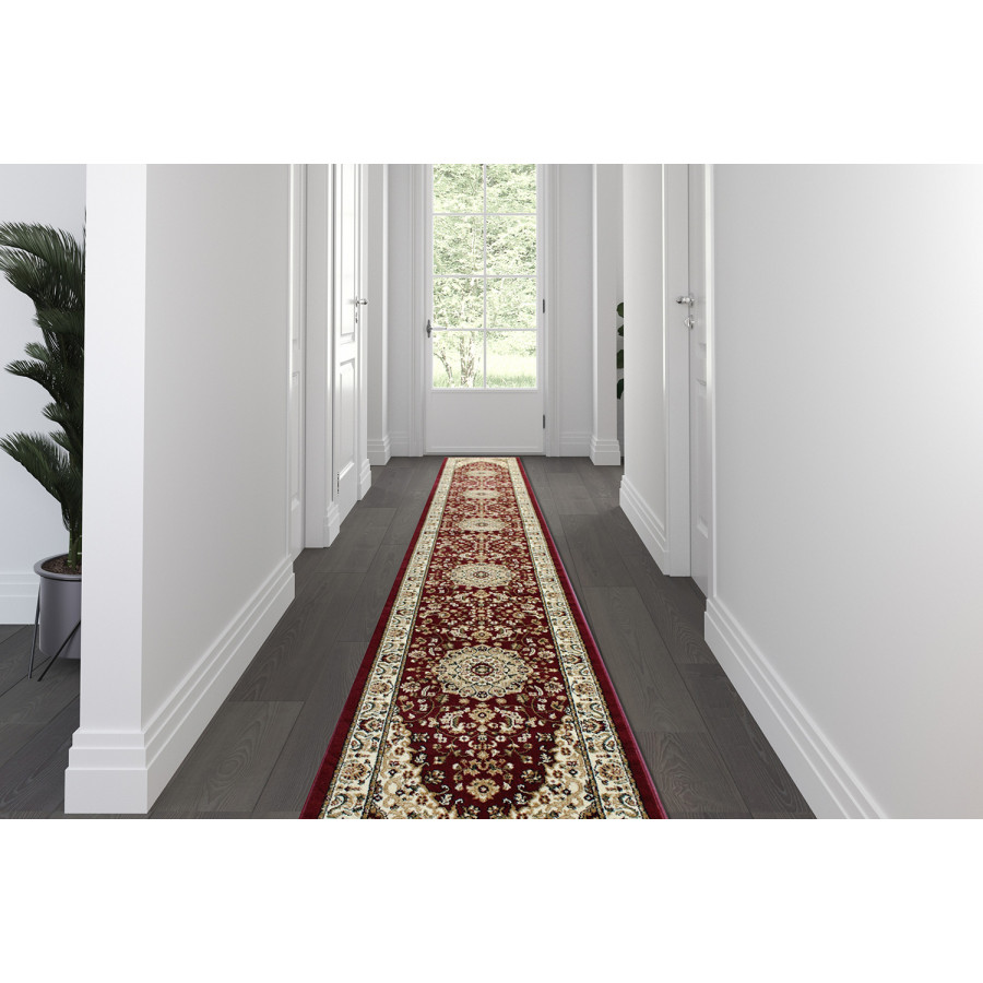 BLNK Mersin Collection Persian Style Olefin Area Rug with Jute Backing - Burgundy, 3'W x 15'L