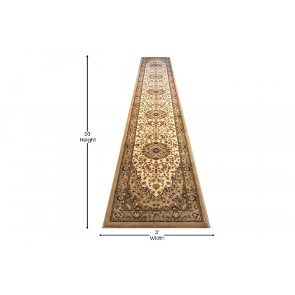 BLNK Mersin Collection Persian Style Olefin Area Rug with Jute Backing - Ivory, 3'W x 20'L