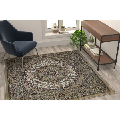 BLNK Mersin Collection Persian Style Square Olefin Area Rug with Jute Backing - Ivory, 5'W x 5'L