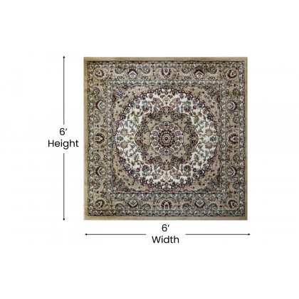 BLNK Mersin Collection Persian Style Square Olefin Area Rug with Jute Backing - Ivory, 5'W x 5'L