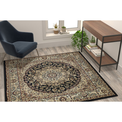BLNK Mersin Collection Persian Style Square Olefin Area Rug with Jute Backing - Black, 5'W x 5'L