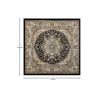 BLNK Mersin Collection Persian Style Square Olefin Area Rug with Jute Backing - Black, 5'W x 5'L