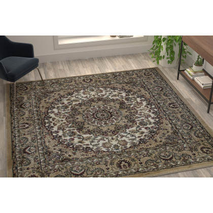 BLNK Mersin Collection Persian Style Square Olefin Area Rug with Jute Backing - Ivory, 7'W x 7'L