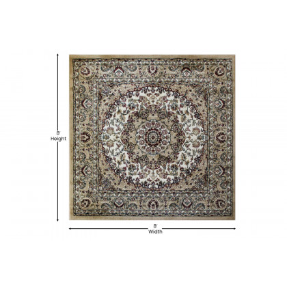 BLNK Mersin Collection Persian Style Square Olefin Area Rug with Jute Backing - Ivory, 7'W x 7'L