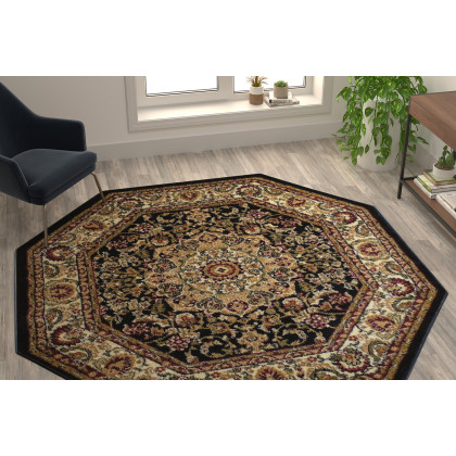 BLNK Mersin Collection Persian Style Octagon Olefin Area Rug with Jute Backing - Black, 7'W x 7'L