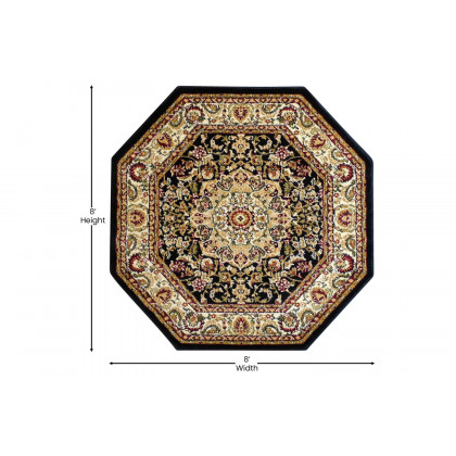 BLNK Mersin Collection Persian Style Octagon Olefin Area Rug with Jute Backing - Black, 7'W x 7'L