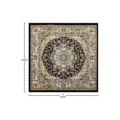 BLNK Mersin Collection Persian Style Square Olefin Area Rug with Jute Backing - Black, 7'W x 7'L