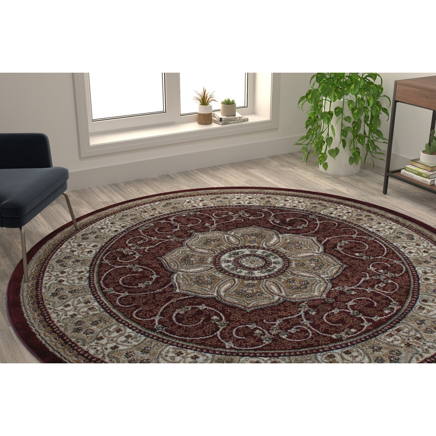 BLNK Portman Collection Persian Style Round Olefin Area Rug with Jute Backing - Burgundy, 7'W x 7'L
