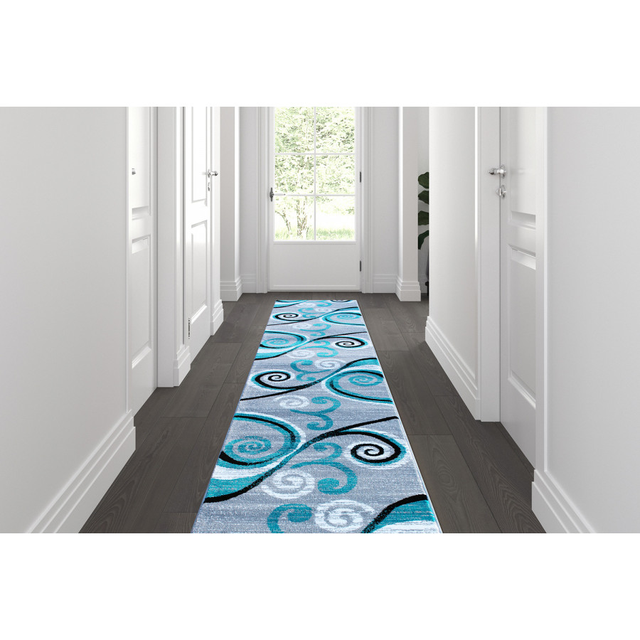 BLNK Valli Collection Abstract Olefin Area Rug with Jute Backing - Turquoise, 2'W x 11'L