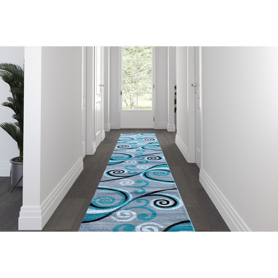 BLNK Valli Collection Abstract Olefin Area Rug with Jute Backing - Turquoise, 3'W x 16'L