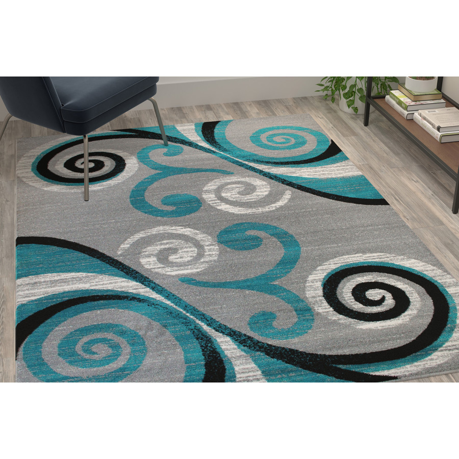 BLNK Valli Collection Abstract Olefin Area Rug with Jute Backing - Turquoise, 5'W x 7'L