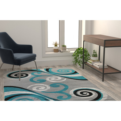 BLNK Valli Collection Abstract Olefin Area Rug with Jute Backing - Turquoise, 5'W x 7'L