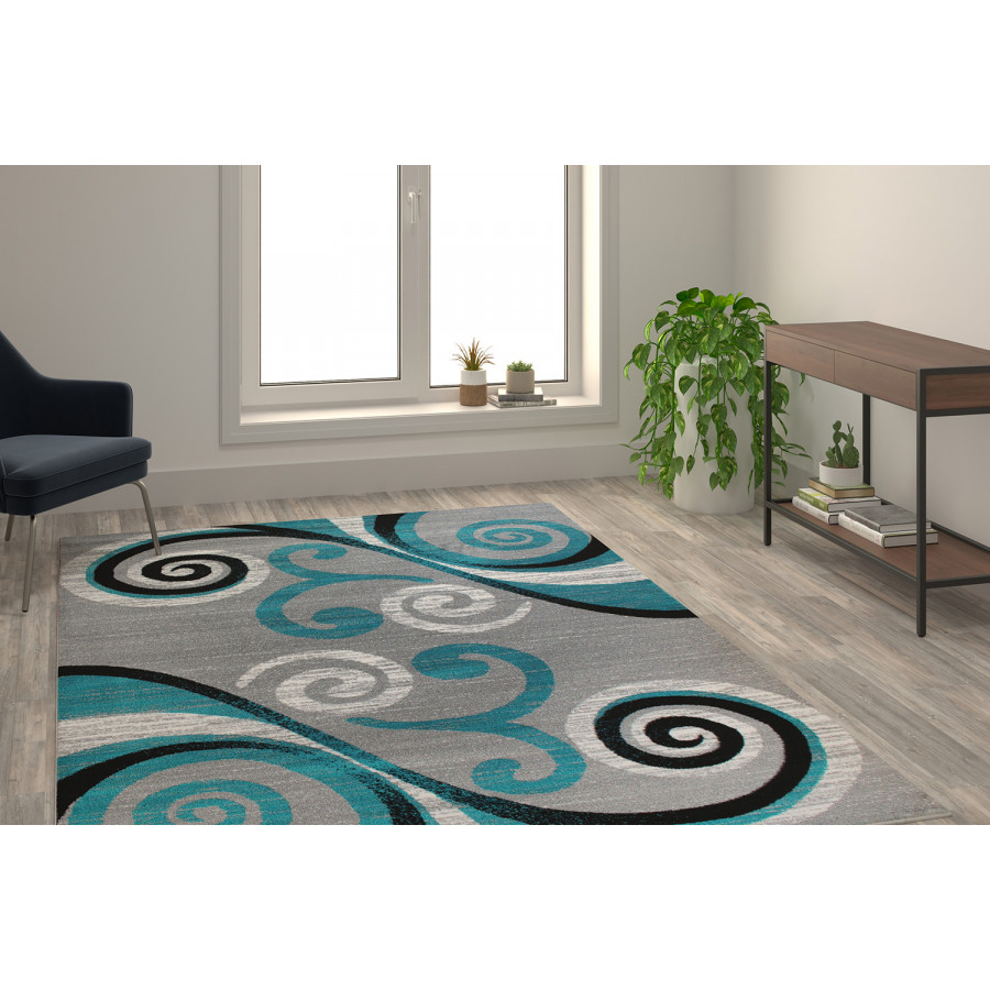 BLNK Valli Collection Abstract Olefin Area Rug with Jute Backing - Turquoise, 6'W x 9'L