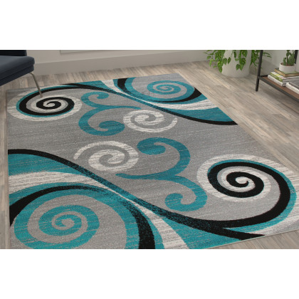 BLNK Valli Collection Abstract Olefin Area Rug with Jute Backing - Turquoise, 6'W x 9'L