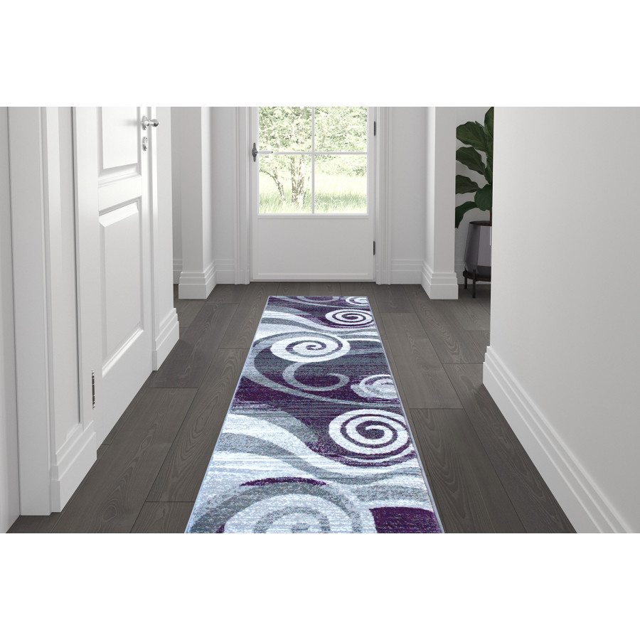 BLNK Cirrus Collection Olefin Swirl Patterned Area Rug with Jute Backing - Purple, 2'W x 7'L