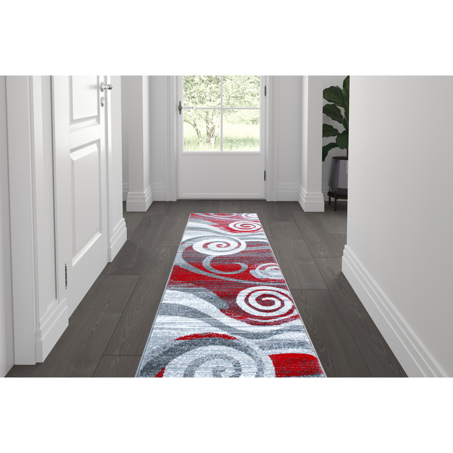 BLNK Cirrus Collection Olefin Swirl Patterned Area Rug with Jute Backing - Red, 2'W x 7'L
