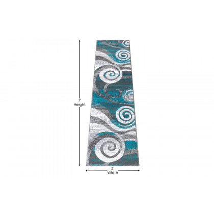 BLNK Cirrus Collection Olefin Swirl Patterned Area Rug with Jute Backing - Turquoise, 2'W x 7'L