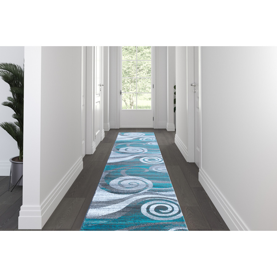 BLNK Cirrus Collection Olefin Swirl Patterned Area Rug with Jute Backing - Turquoise, 3'W x 16'L