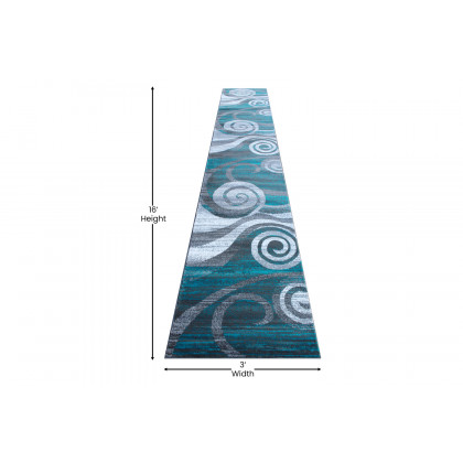 BLNK Cirrus Collection Olefin Swirl Patterned Area Rug with Jute Backing - Turquoise, 3'W x 16'L