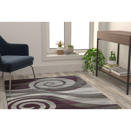 BLNK Cirrus Collection Olefin Swirl Patterned Area Rug with Jute Backing - Purple, 4'W x 5'L