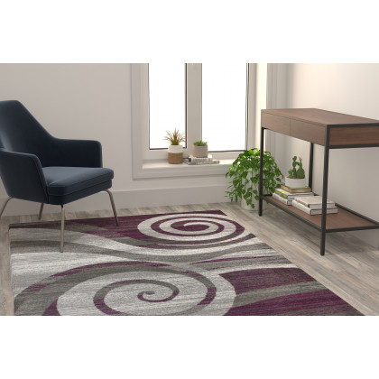 BLNK Cirrus Collection Olefin Swirl Patterned Area Rug with Jute Backing - Purple, 5'W x 7'L