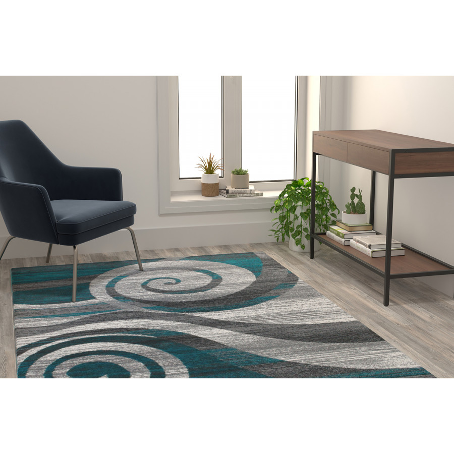BLNK Cirrus Collection Olefin Swirl Patterned Area Rug with Jute Backing - Turquoise, 5'W x 7'L