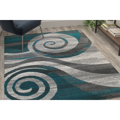 BLNK Cirrus Collection Olefin Swirl Patterned Area Rug with Jute Backing - Turquoise, 5'W x 7'L