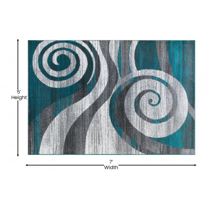 BLNK Cirrus Collection Olefin Swirl Patterned Area Rug with Jute Backing - Turquoise, 5'W x 7'L