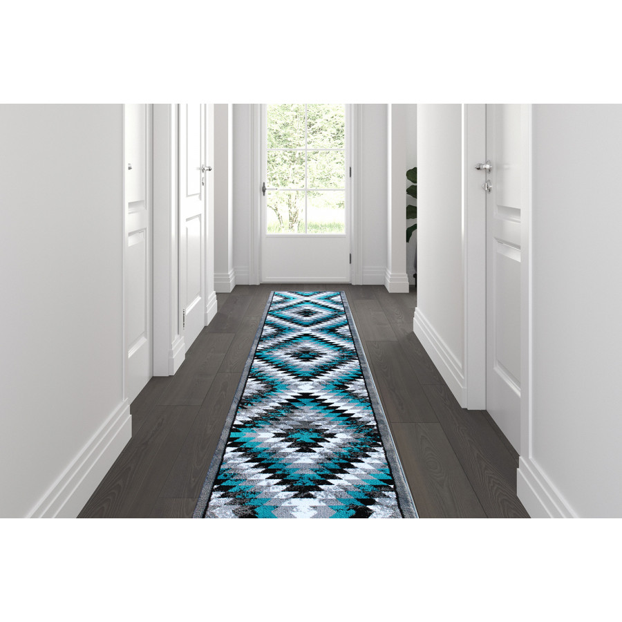 BLNK Teagan Collection Southwestern Style Olefin Area Rug with Jute Backing - Turquoise, 2'W x 11'L