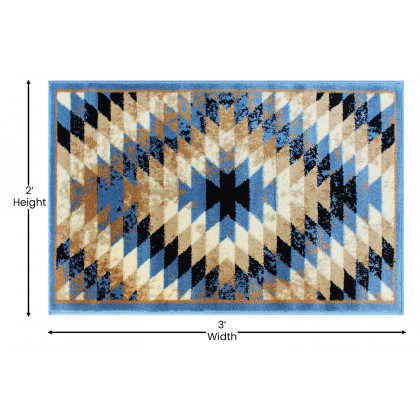 BLNK Teagan Collection Southwestern Style Olefin Area Rug with Jute Backing - Blue, 2'W x 3'L