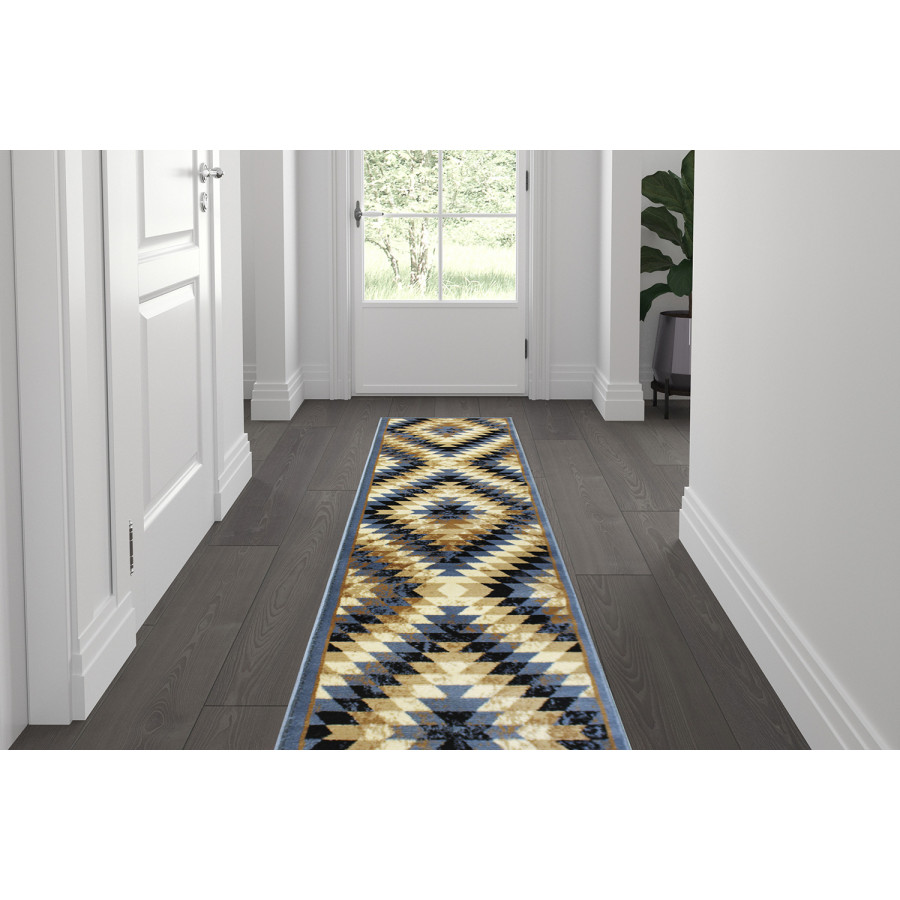 BLNK Teagan Collection Southwestern Style Olefin Area Rug with Jute Backing - Blue, 2'W x 7'L